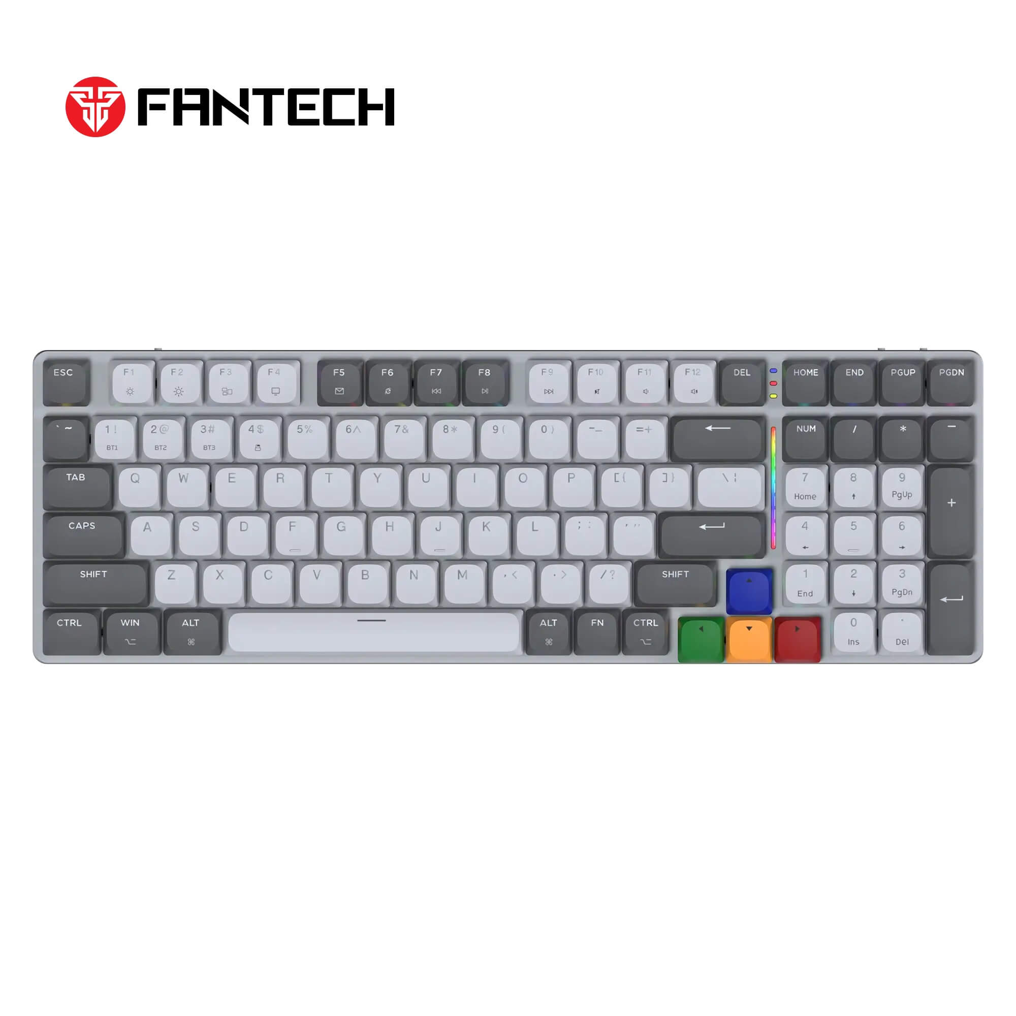 Fantech MAXFIT99 MK916 gaming keyboard, with colorful accents and gray background. Fantech MAXFIT99 MK916 gaming keyboard, with colorful accents and gray background.